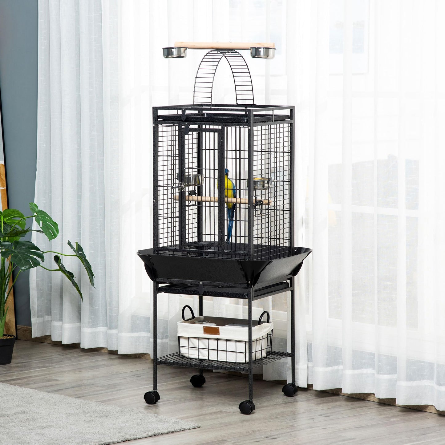 PawHut 63.5" Bird Cage for Cockatiels, Conure, African Greys, Porcupines, Indian Ringnecks, Parrot Cage with Wheels, Bird Feeder Stand, Play Top House, Silver