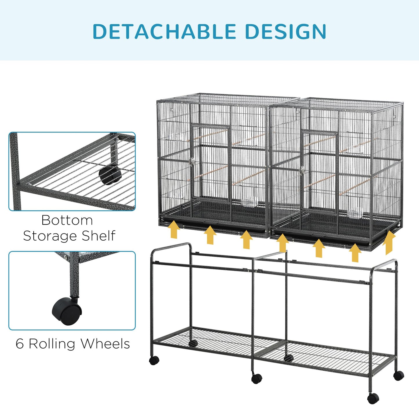 PawHut 64" Extra Large Bird Cage, Rolling Metal Parrot Cage, Bird House with Detachable Rolling Stand, Storage Shelf, Wood Perch, Food Container, 62.8" x 18.9" x 64.2"