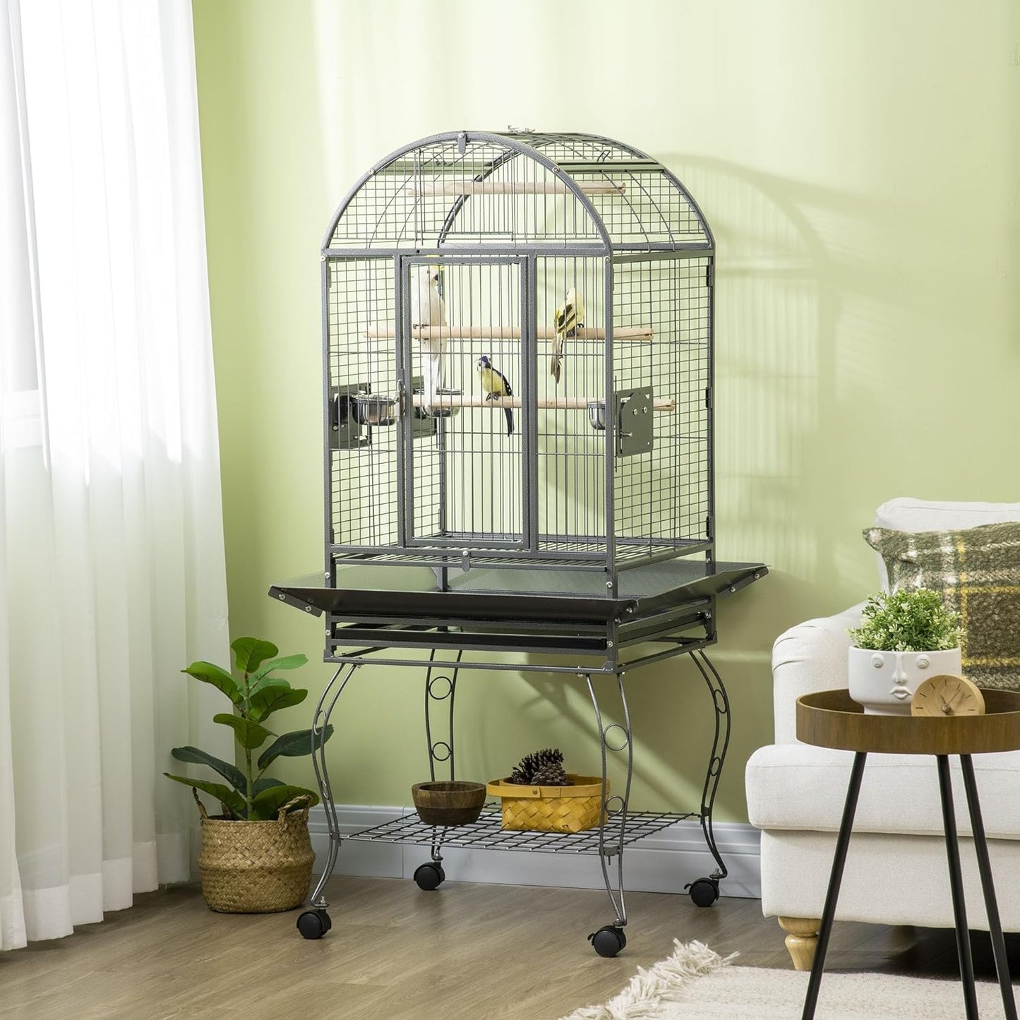 PawHut 66" Bird Cage Parrot Cage for Conures, Cockatiels, Parrotlet with Play Top, Rolling Stand, Pull Out Tray, Storage Shelf