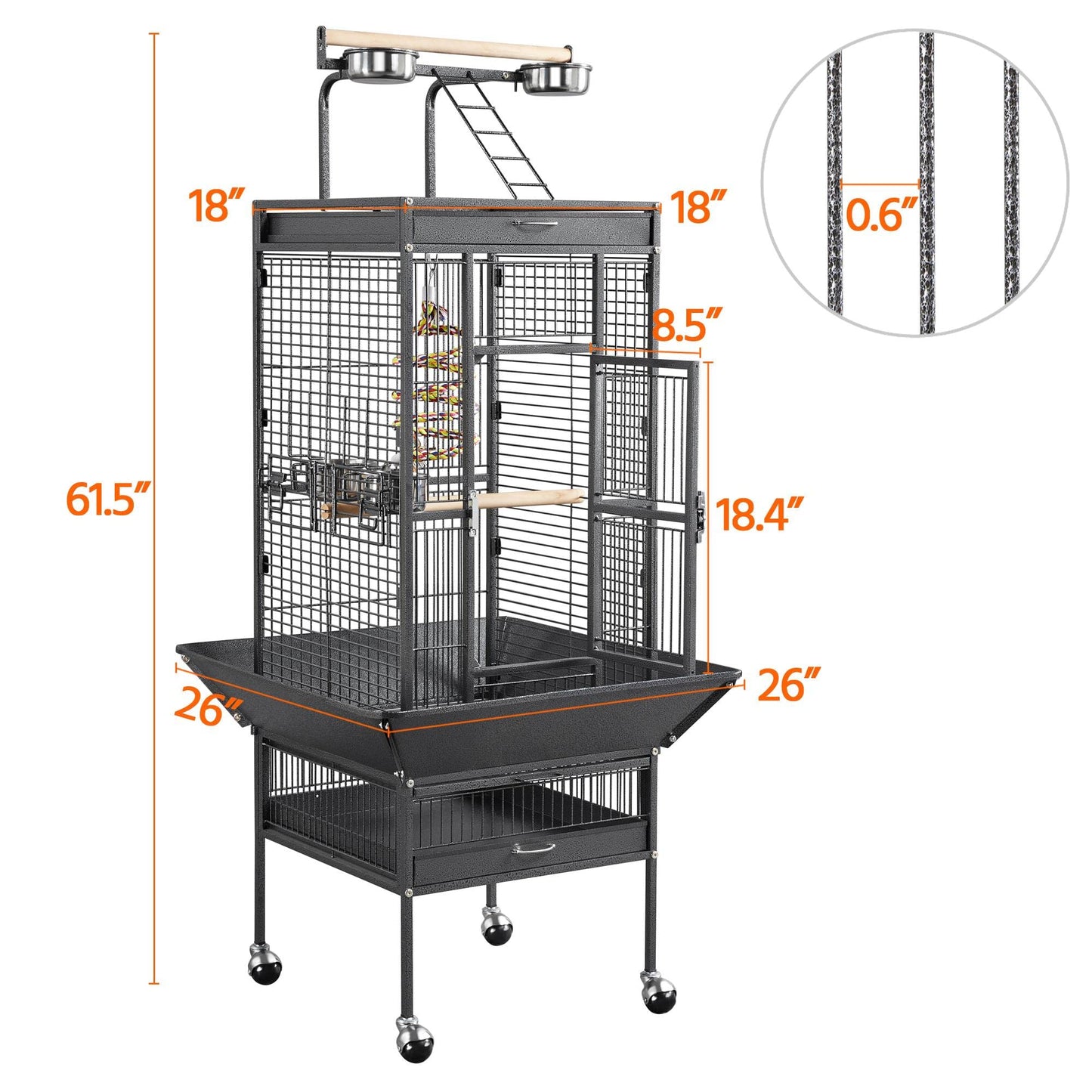 Yaheetech 69-inch Wrought Iron Rolling Large Parrot Bird Cage for African Grey Small Quaker Amazon Parrot Cockatiel Sun Parakeet Green Cheek Conure Dove Lovebird Budgie Play Top Bird Cage with Stand