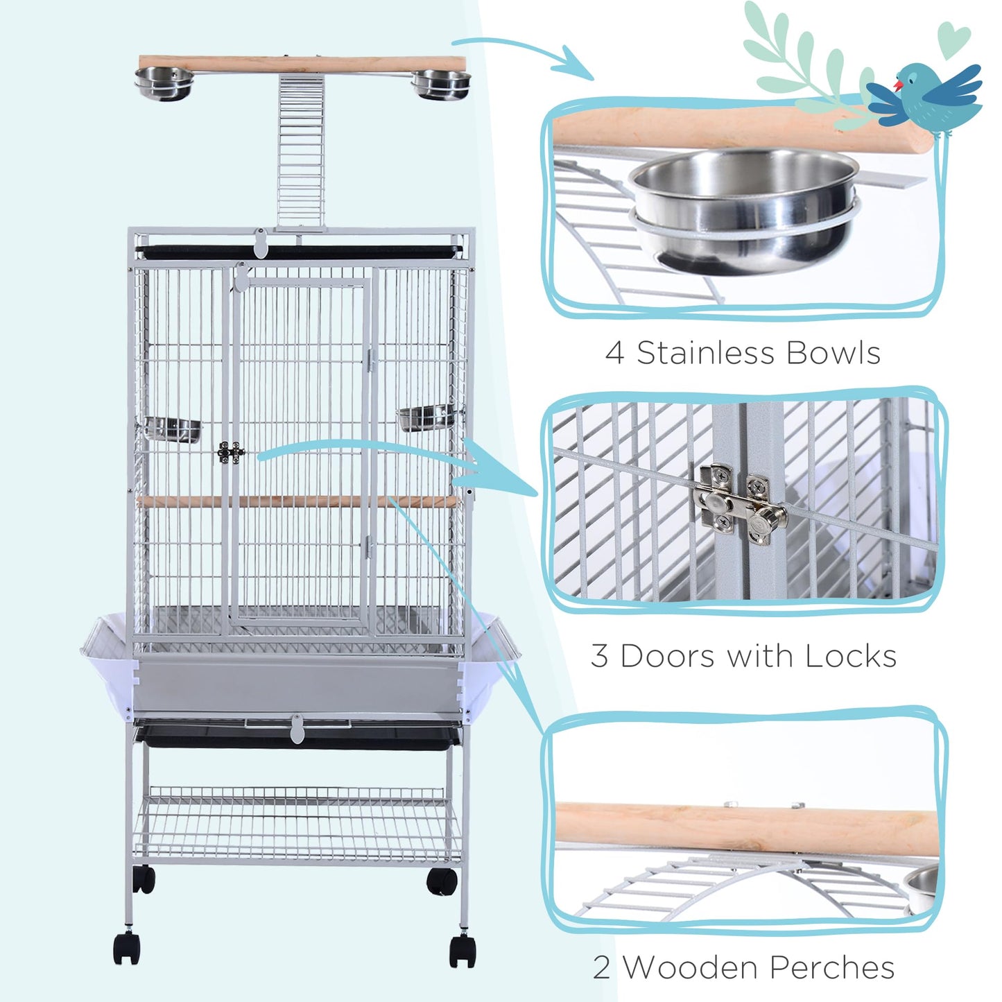 PawHut 63.5" Bird Cage for Cockatiels, Conure, African Greys, Porcupines, Indian Ringnecks, Parrot Cage with Wheels, Bird Feeder Stand, Play Top House, Silver