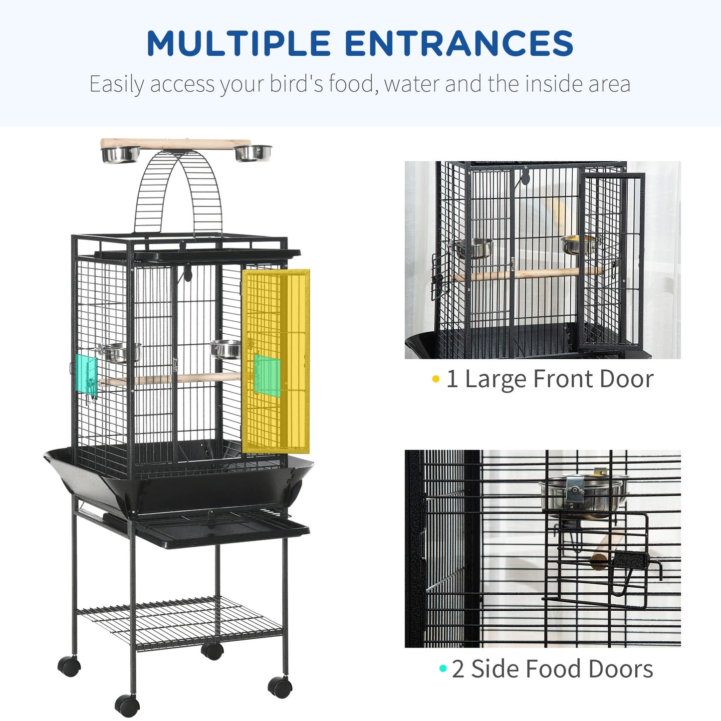 PawHut 63.5" Bird Cage for Cockatiels, Conure, African Greys, Porcupines, Indian Ringnecks, Parrot Cage with Wheels, Bird Feeder Stand, Play Top House, Silver