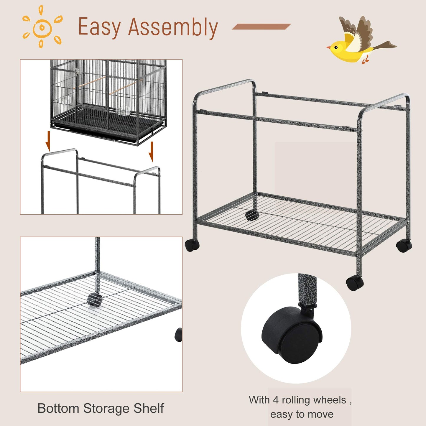 PawHut 64" Extra Large Bird Cage, Rolling Metal Parrot Cage, Bird House with Detachable Rolling Stand, Storage Shelf, Wood Perch, Food Container, 62.8" x 18.9" x 64.2"