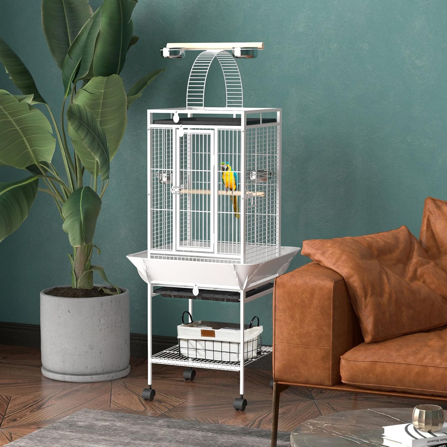 PawHut 63.5" Bird Cage for Cockatiels, Conure, African Greys, Porcupines, Indian Ringnecks, Parrot Cage with Wheels, Bird Feeder Stand, Play Top House, Silver