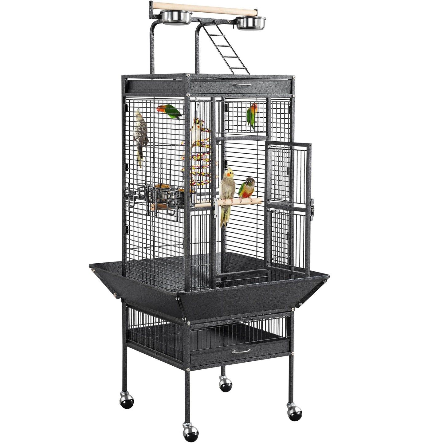 Yaheetech 69-inch Wrought Iron Rolling Large Parrot Bird Cage for African Grey Small Quaker Amazon Parrot Cockatiel Sun Parakeet Green Cheek Conure Dove Lovebird Budgie Play Top Bird Cage with Stand