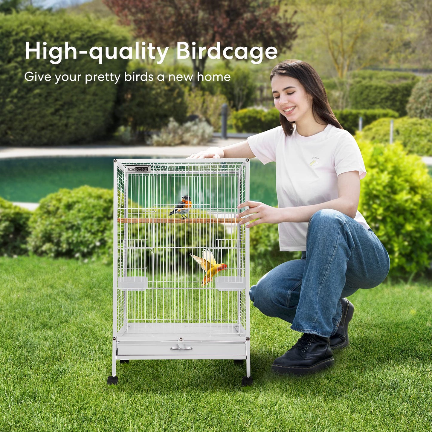 VIVOHOME 30 Inch Height Wrought Iron Bird Cage with Rolling Stand for Parrots Conure Lovebird Cockatiel Black