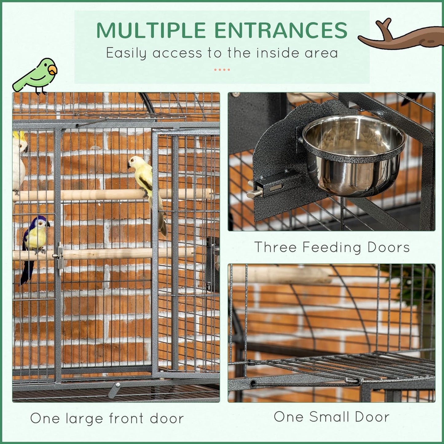 PawHut 66" Bird Cage Parrot Cage for Conures, Cockatiels, Parrotlet with Play Top, Rolling Stand, Pull Out Tray, Storage Shelf