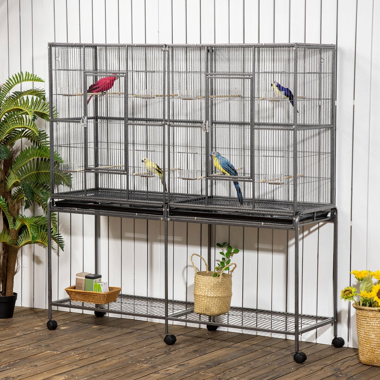 PawHut 64" Extra Large Bird Cage, Rolling Metal Parrot Cage, Bird House with Detachable Rolling Stand, Storage Shelf, Wood Perch, Food Container, 62.8" x 18.9" x 64.2"