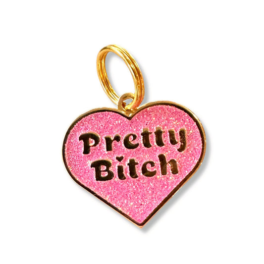 Glitter Dog ID Tag Gold Collar Charm - Pretty Bitch: Pink / Collar Charm (blank backside) / Large 1.25"