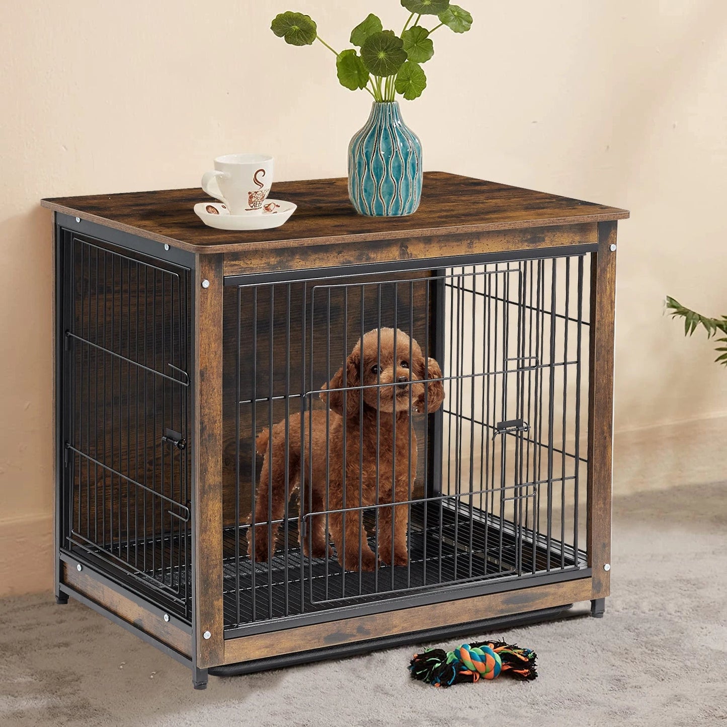 Vintage Dog Cage End Table Indoor Wooden Kennel Pet Crate with Double