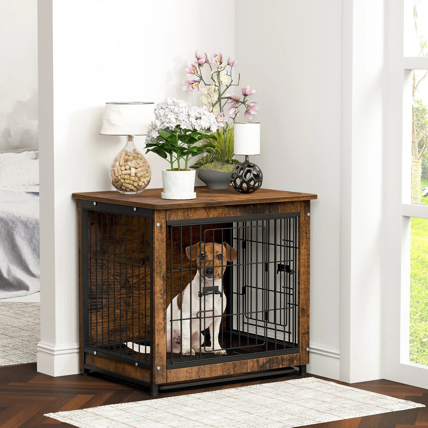 Vintage Dog Cage End Table Indoor Wooden Kennel Pet Crate with Double