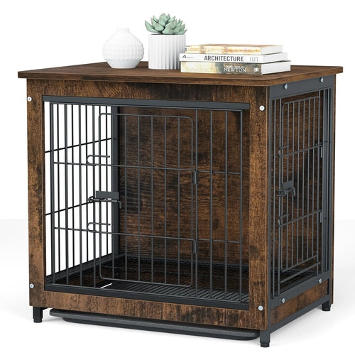 Vintage Dog Cage End Table Indoor Wooden Kennel Pet Crate with Double