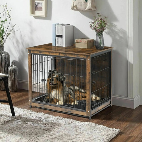 Vintage Dog Cage End Table Indoor Wooden Kennel Pet Crate with Double