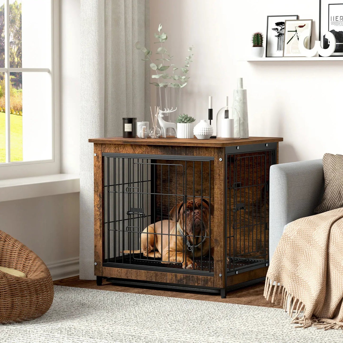 Vintage Dog Cage End Table Indoor Wooden Kennel Pet Crate with Double