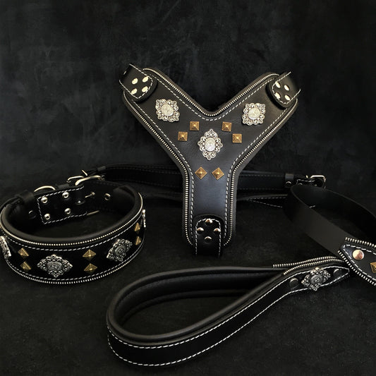 "AZTEC" BIG dog SET - Harness - collar - lead. Black-0