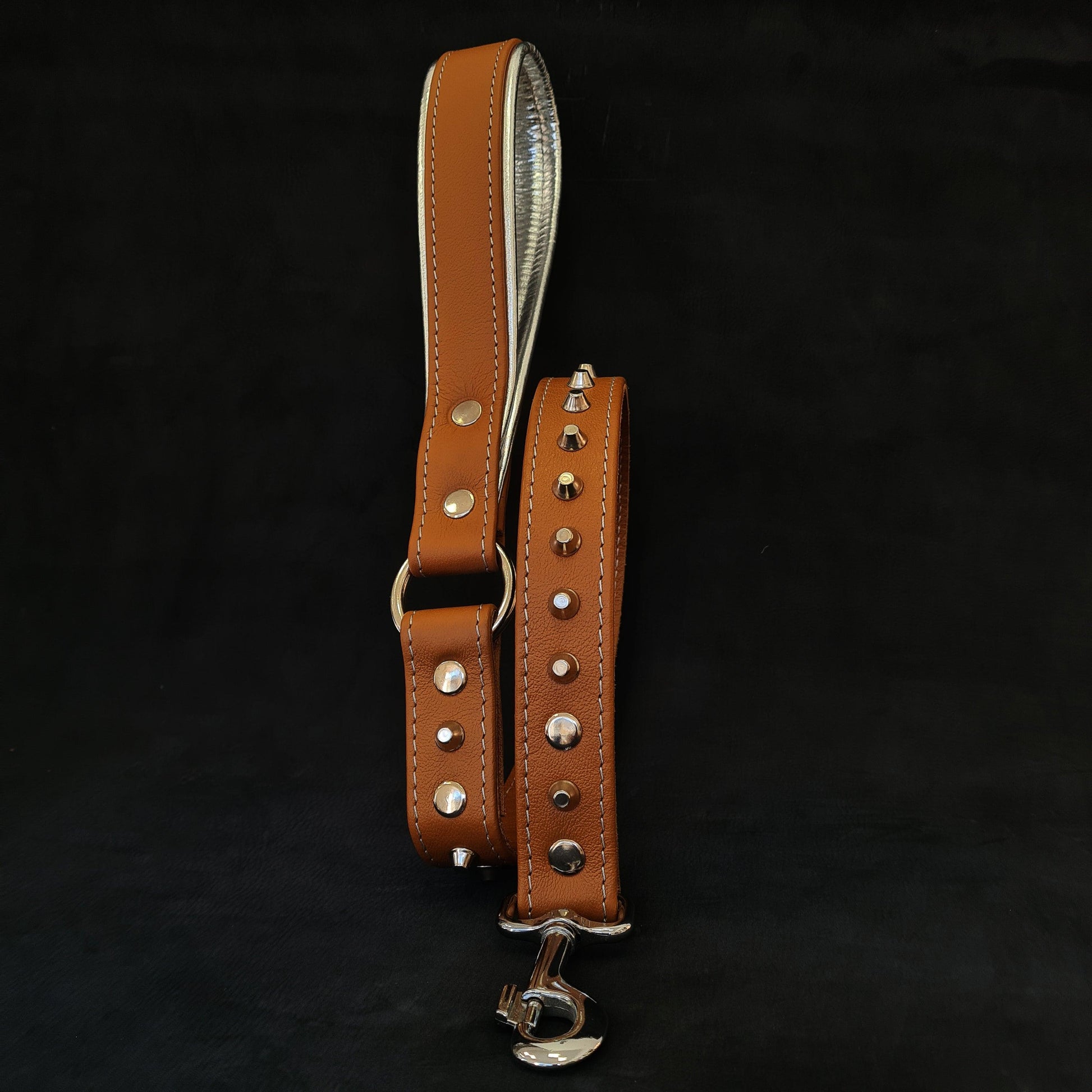 Brown soft leather studded leash-0