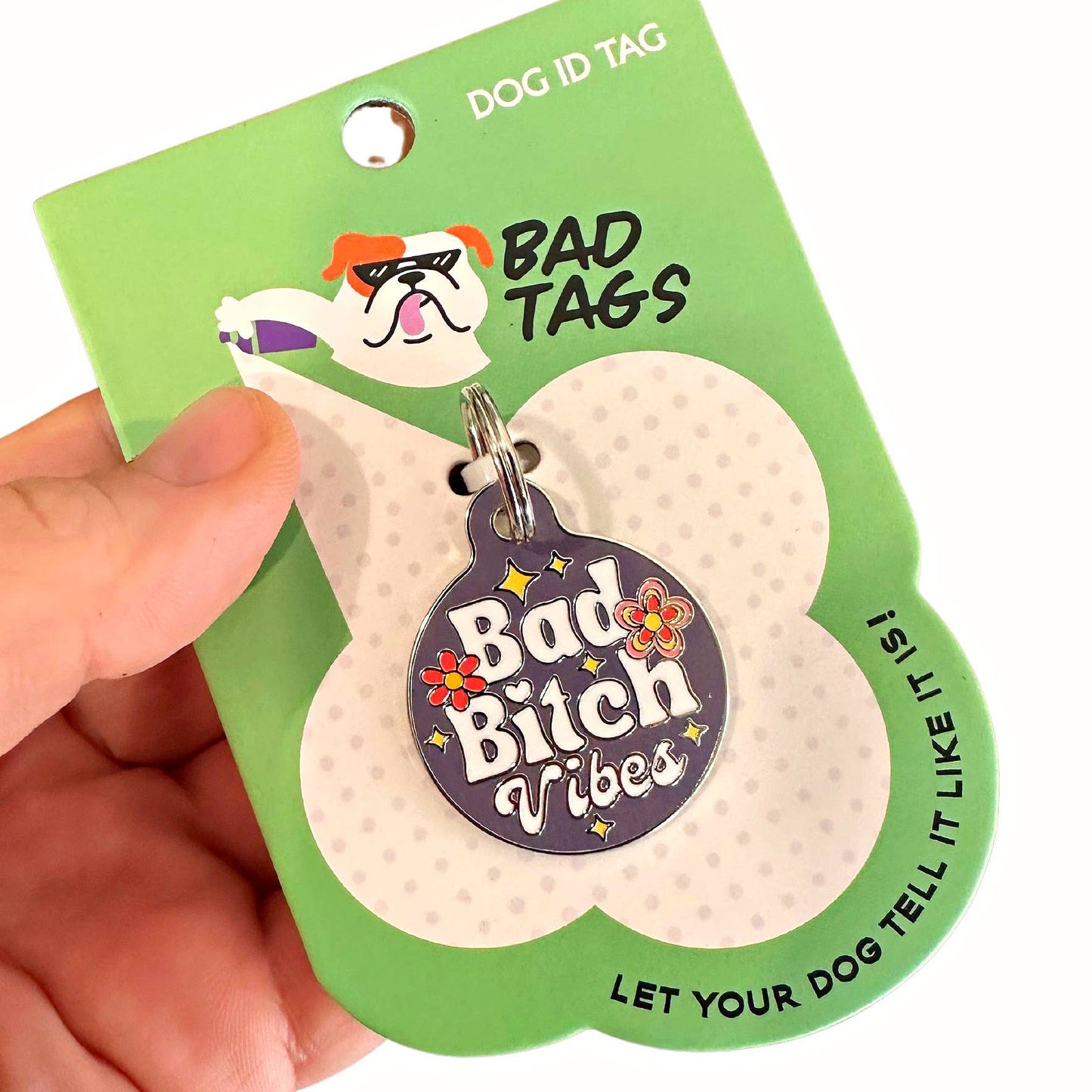 Dog ID Tag with Personalized QR Code - Bad Bitch Vibes: Purple / Large 1.25" / Collar Charm (Blank Backside)