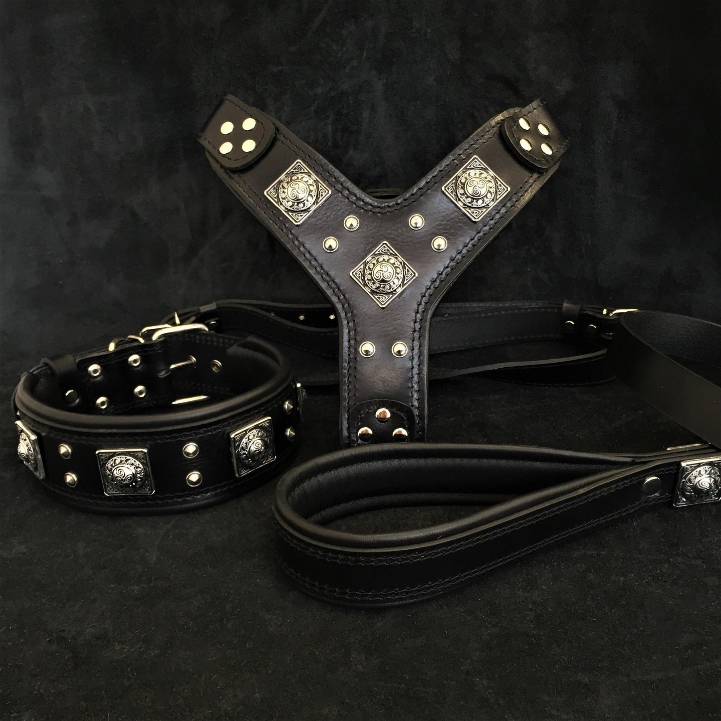 "EROS" BIG dog SET- Harness - collar - lead. All Black-0