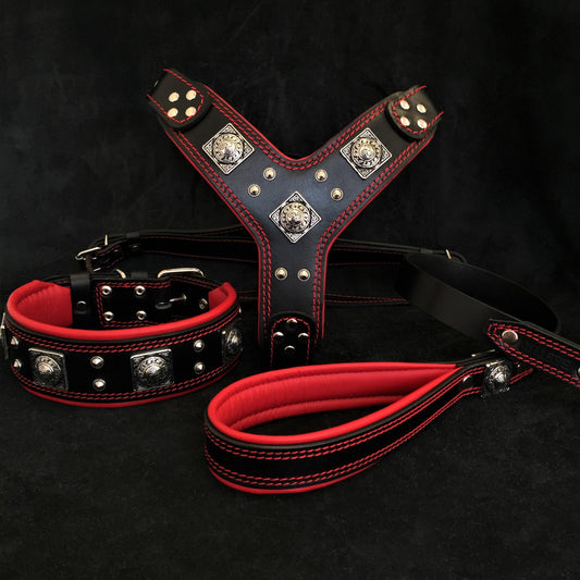 "EROS" BIG dog SET- Harness - collar - lead. Black & Red-0