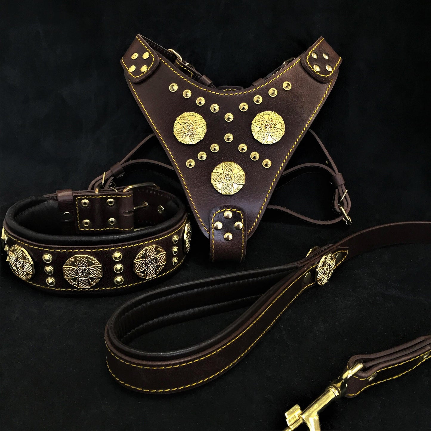 "Maximus Brown" BIG dog SET- Harness - collar - lead. Brass rivets-0