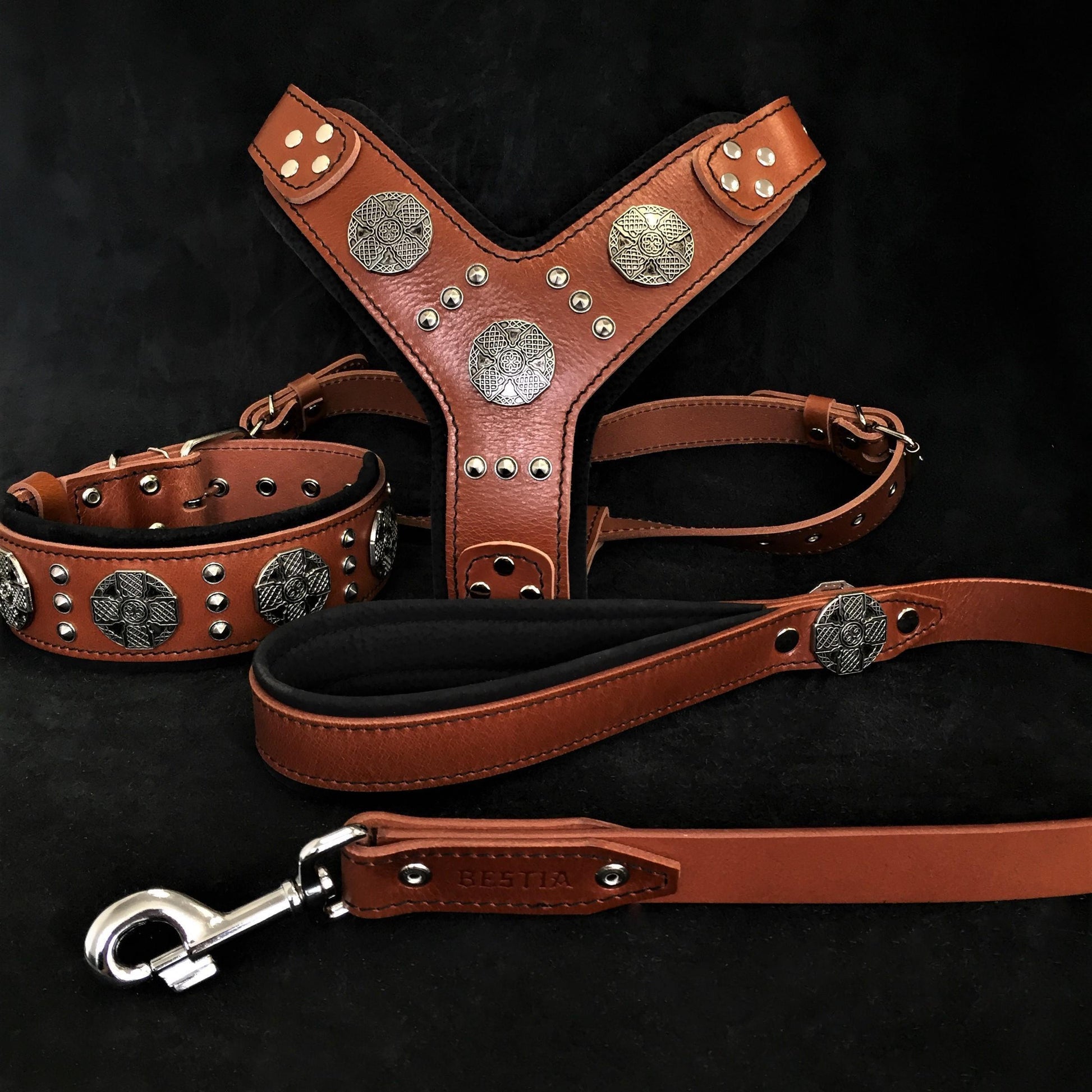 "Maximus Silver" BIG dog SET- Harness - collar - lead. Brown-0